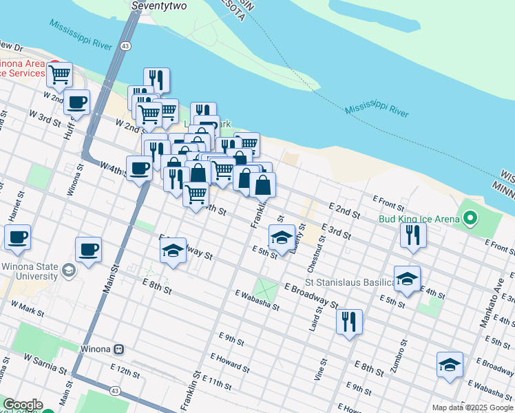 map of restaurants, bars, coffee shops, grocery stores, and more near 230 East 4th Street in Winona