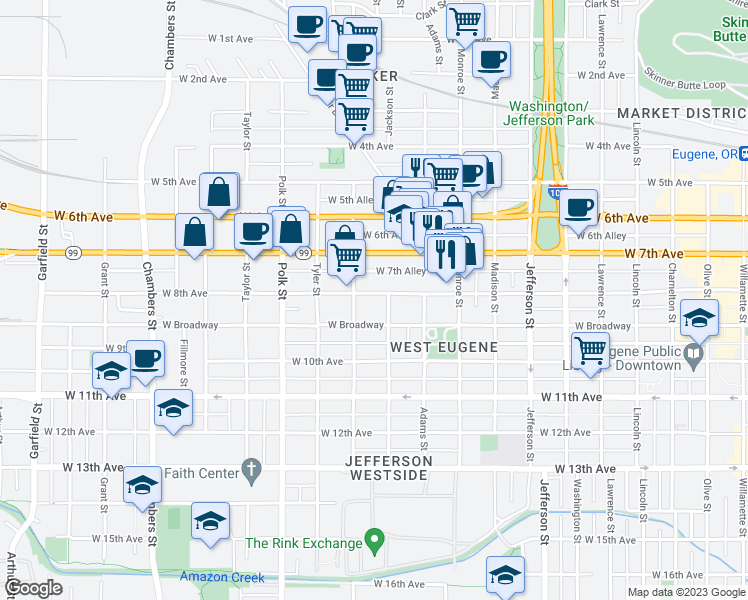 map of restaurants, bars, coffee shops, grocery stores, and more near 1044 West 8th Avenue in Eugene
