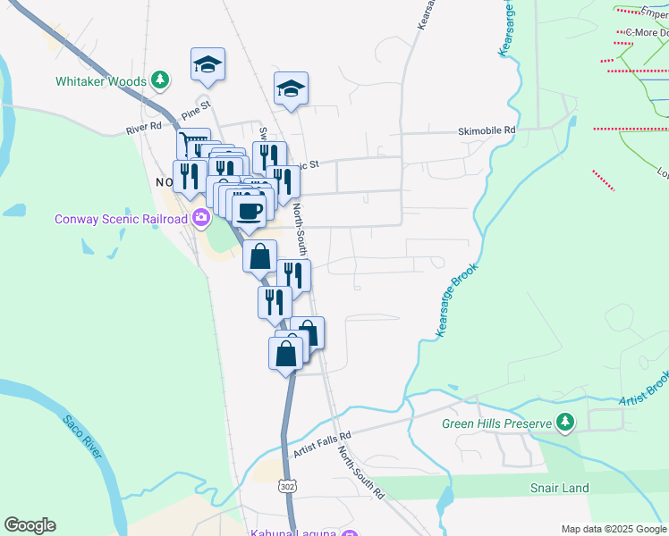 map of restaurants, bars, coffee shops, grocery stores, and more near 83 Grove Street in Conway