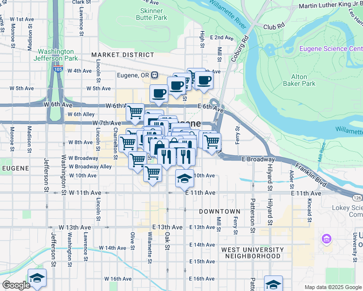 map of restaurants, bars, coffee shops, grocery stores, and more near in Eugene