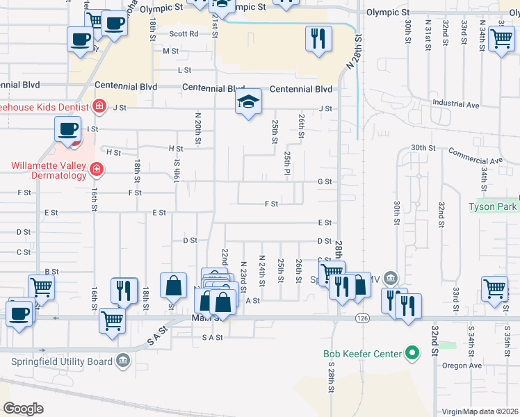 map of restaurants, bars, coffee shops, grocery stores, and more near 2455 F Street in Springfield