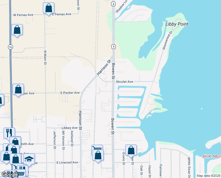map of restaurants, bars, coffee shops, grocery stores, and more near 712 Starboard Court in Oshkosh