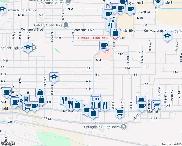 map of restaurants, bars, coffee shops, grocery stores, and more near 1357 E Street in Springfield