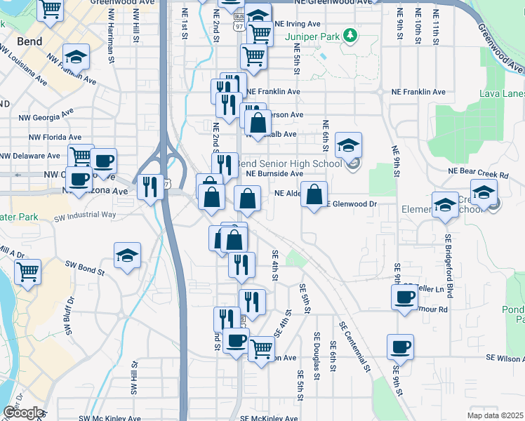 map of restaurants, bars, coffee shops, grocery stores, and more near 123 Northeast 4th Street in Bend