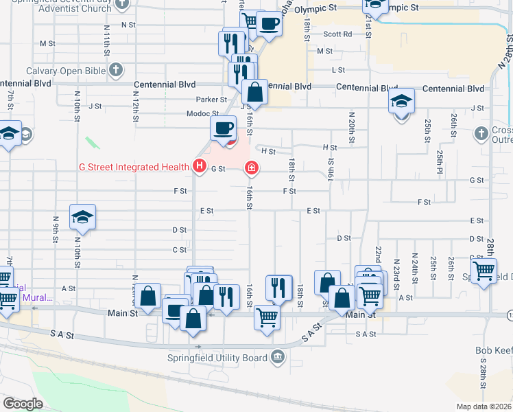 map of restaurants, bars, coffee shops, grocery stores, and more near 1622 E Street in Springfield