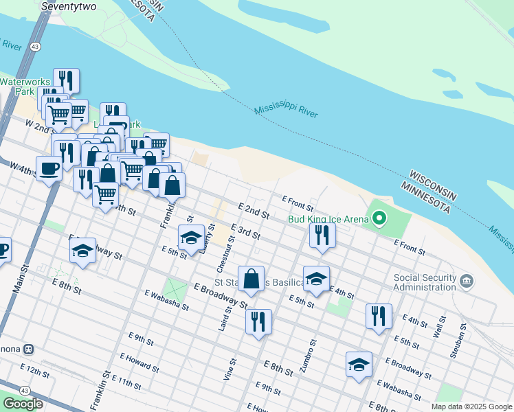 map of restaurants, bars, coffee shops, grocery stores, and more near 416 East 2nd Street in Winona
