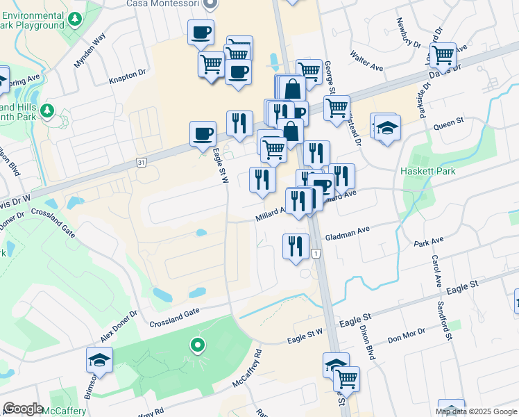 map of restaurants, bars, coffee shops, grocery stores, and more near 66 Marsden Court in Newmarket