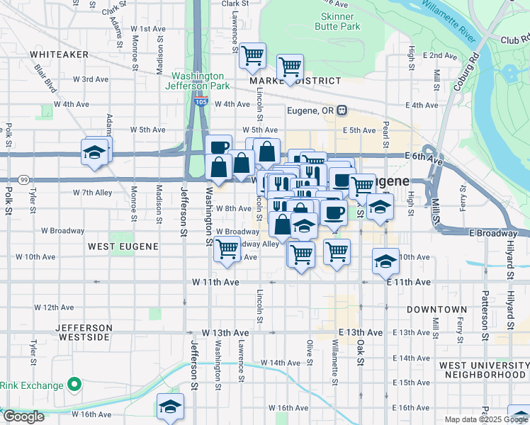 map of restaurants, bars, coffee shops, grocery stores, and more near 836 Lincoln Street in Eugene
