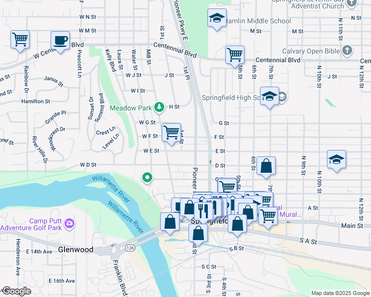 map of restaurants, bars, coffee shops, grocery stores, and more near 114 E Street in Springfield