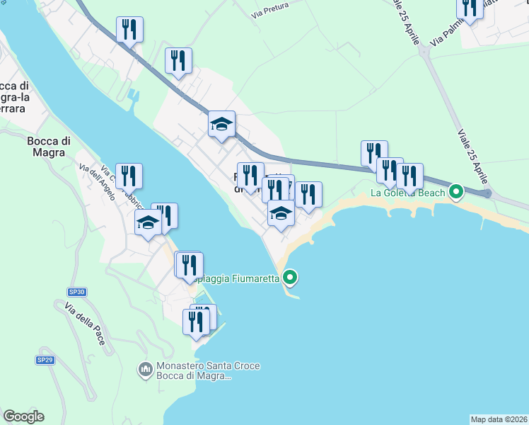 map of restaurants, bars, coffee shops, grocery stores, and more near 53 Via Baban in Fiumaretta di Ameglia