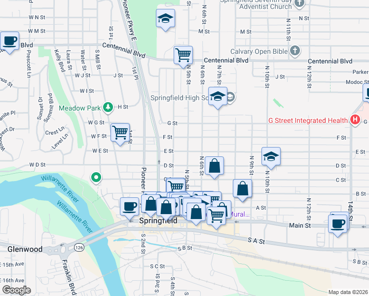map of restaurants, bars, coffee shops, grocery stores, and more near 446 E Street in Springfield