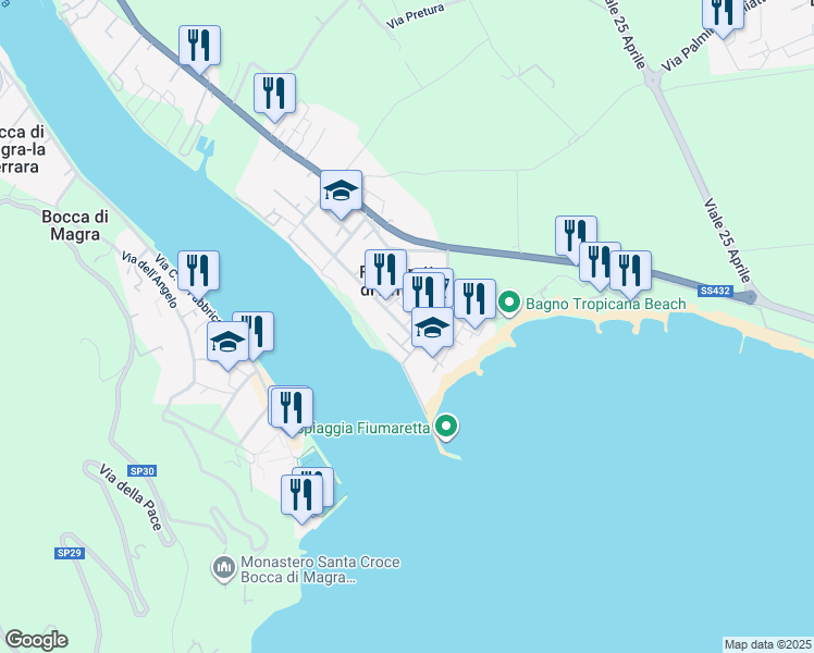 map of restaurants, bars, coffee shops, grocery stores, and more near 53 Via Baban in Fiumaretta di Ameglia