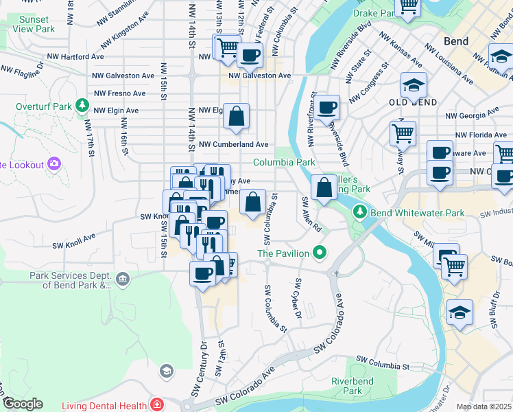 map of restaurants, bars, coffee shops, grocery stores, and more near 107 SW Columbia St in Bend