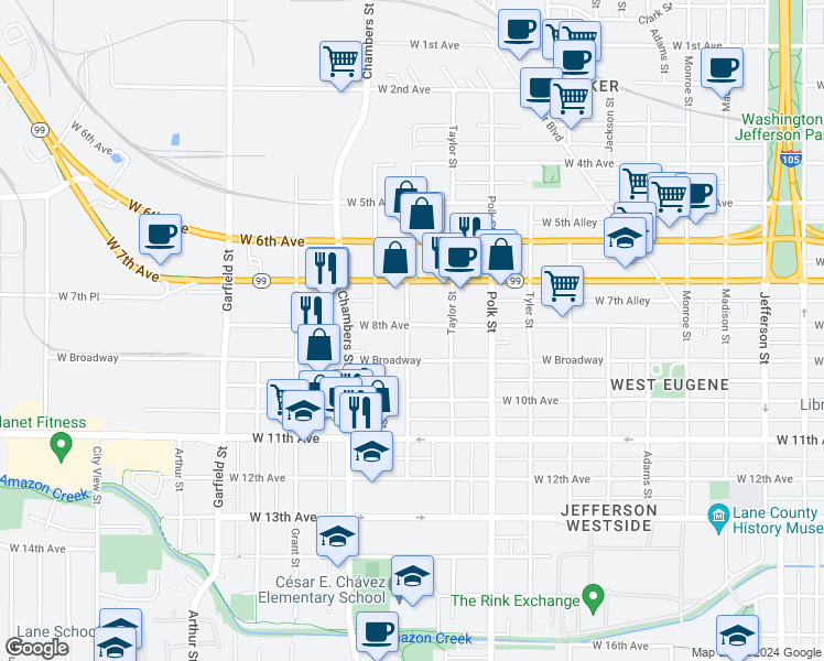 map of restaurants, bars, coffee shops, grocery stores, and more near 805 Almaden Street in Eugene