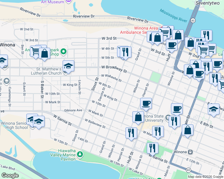 map of restaurants, bars, coffee shops, grocery stores, and more near 409 Olmstead Street in Winona