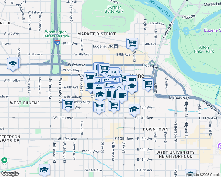 map of restaurants, bars, coffee shops, grocery stores, and more near Willamette Street in Eugene