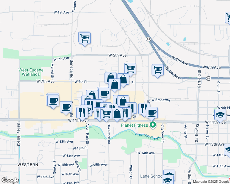 map of restaurants, bars, coffee shops, grocery stores, and more near 810 Conger Street in Eugene