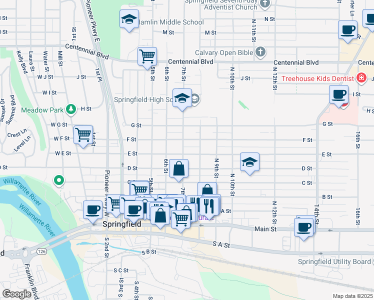 map of restaurants, bars, coffee shops, grocery stores, and more near 712 E Street in Springfield