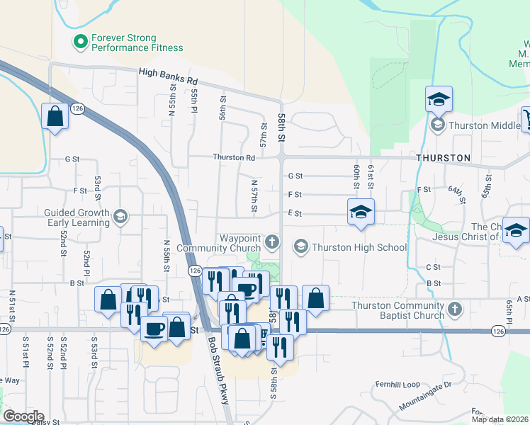 map of restaurants, bars, coffee shops, grocery stores, and more near 5718 E Street in Springfield
