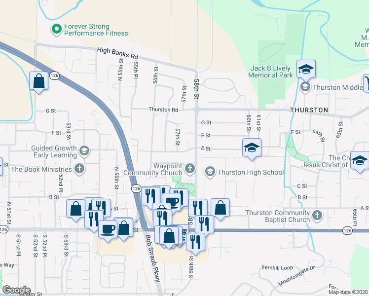 map of restaurants, bars, coffee shops, grocery stores, and more near 5699 E Street in Springfield