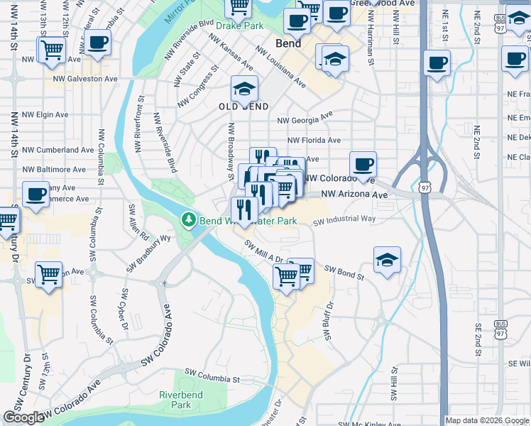 map of restaurants, bars, coffee shops, grocery stores, and more near 730 Southwest Industrial Way in Bend