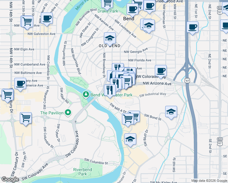 map of restaurants, bars, coffee shops, grocery stores, and more near 730 Southwest Industrial Way in Bend