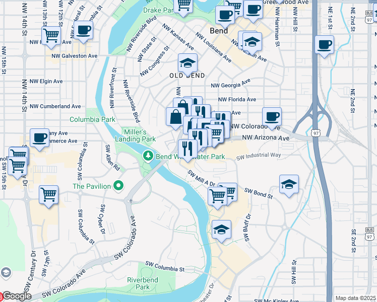 map of restaurants, bars, coffee shops, grocery stores, and more near 700 Southwest Industrial Way in Bend