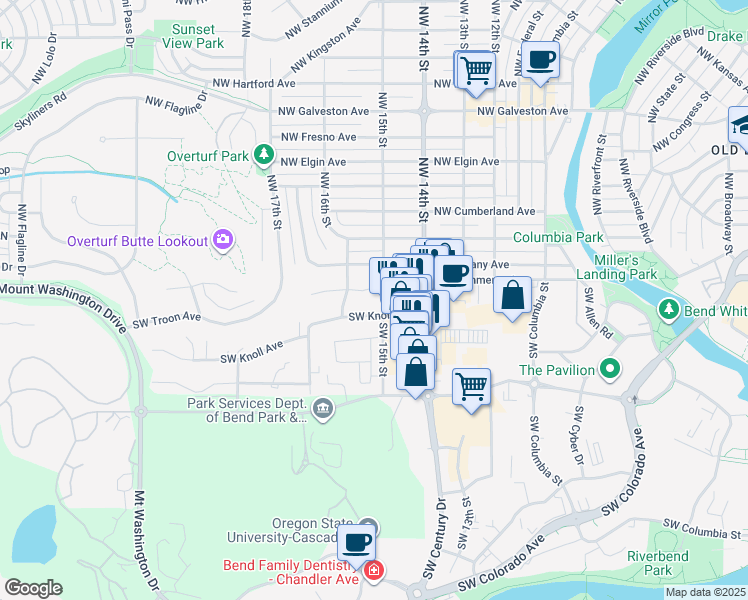 map of restaurants, bars, coffee shops, grocery stores, and more near 1470 Southwest Knoll Avenue in Bend
