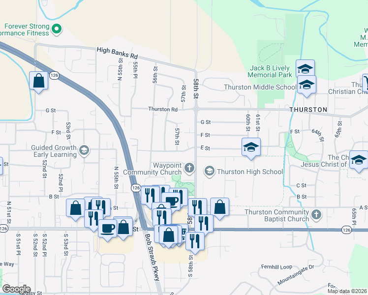 map of restaurants, bars, coffee shops, grocery stores, and more near 5699 E Street in Springfield