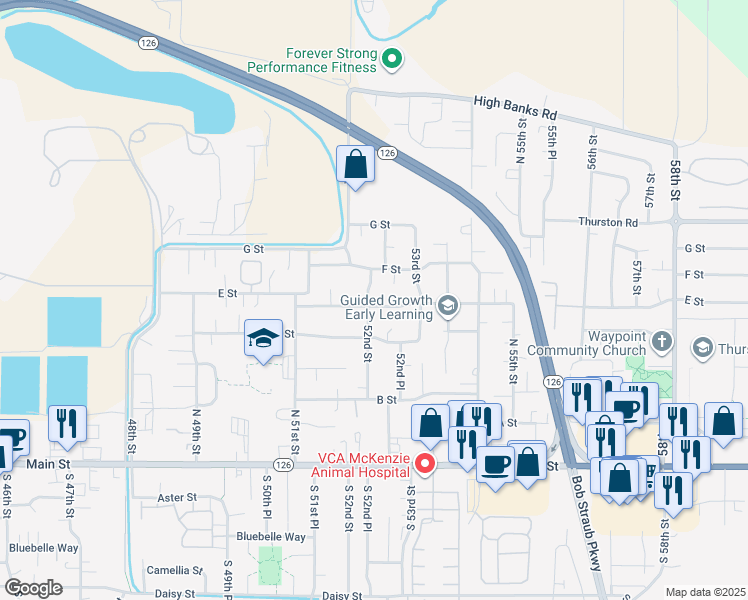 map of restaurants, bars, coffee shops, grocery stores, and more near 5245 E Street in Springfield