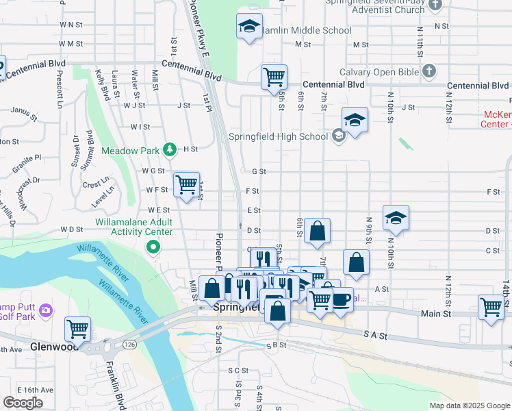 map of restaurants, bars, coffee shops, grocery stores, and more near 554 4th Street in Springfield