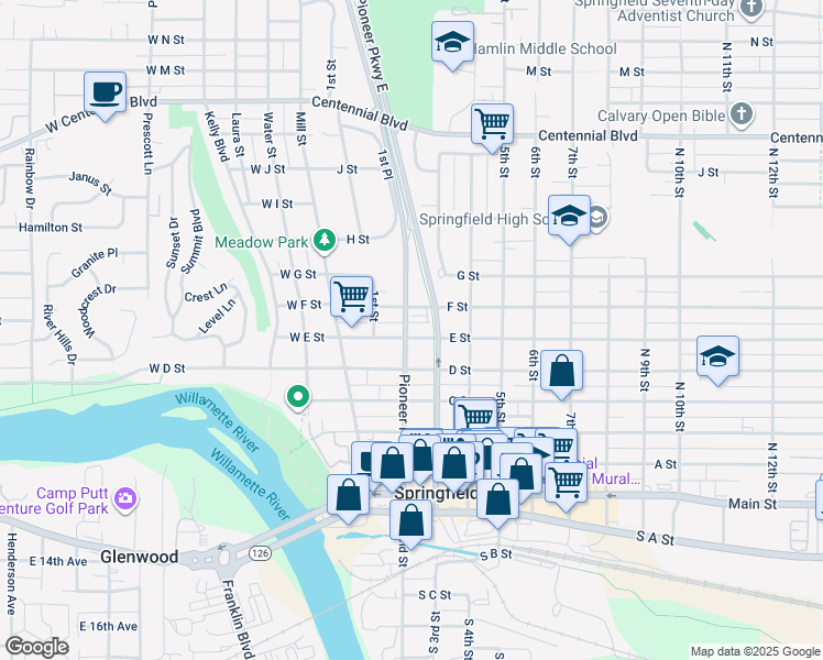 map of restaurants, bars, coffee shops, grocery stores, and more near 233 E Street in Springfield