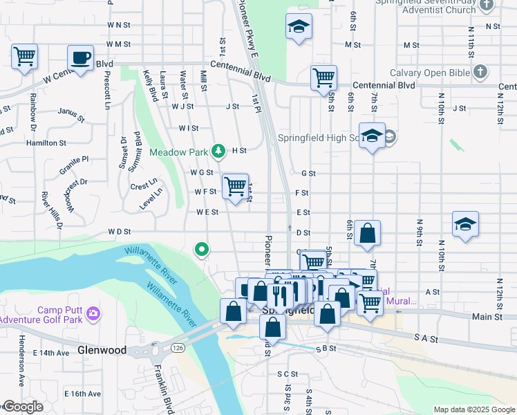 map of restaurants, bars, coffee shops, grocery stores, and more near 114 E Street in Springfield