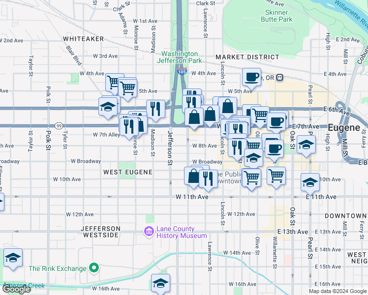 map of restaurants, bars, coffee shops, grocery stores, and more near in Eugene