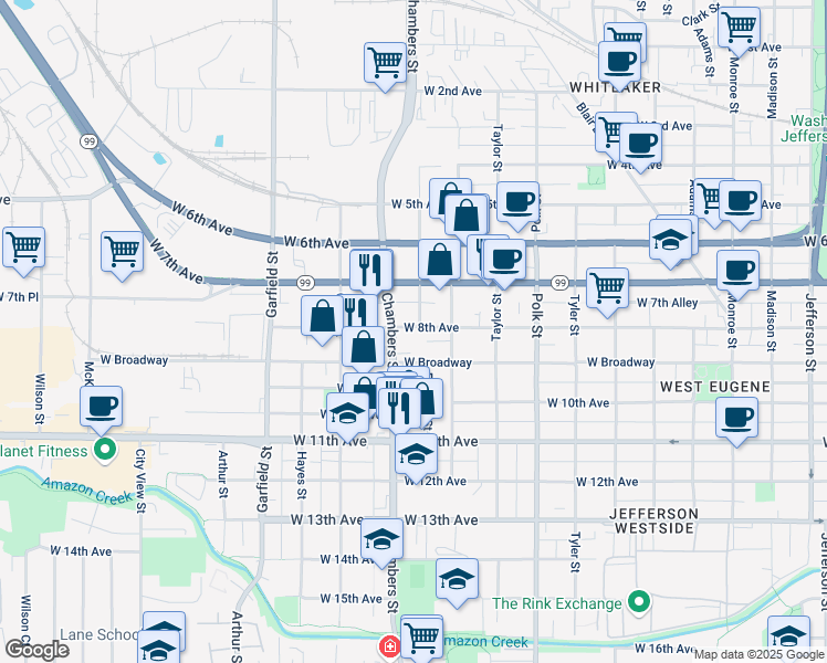 map of restaurants, bars, coffee shops, grocery stores, and more near 1630 West 8th Place in Eugene