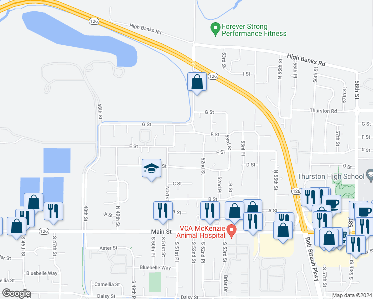 map of restaurants, bars, coffee shops, grocery stores, and more near 5146 E Street in Springfield