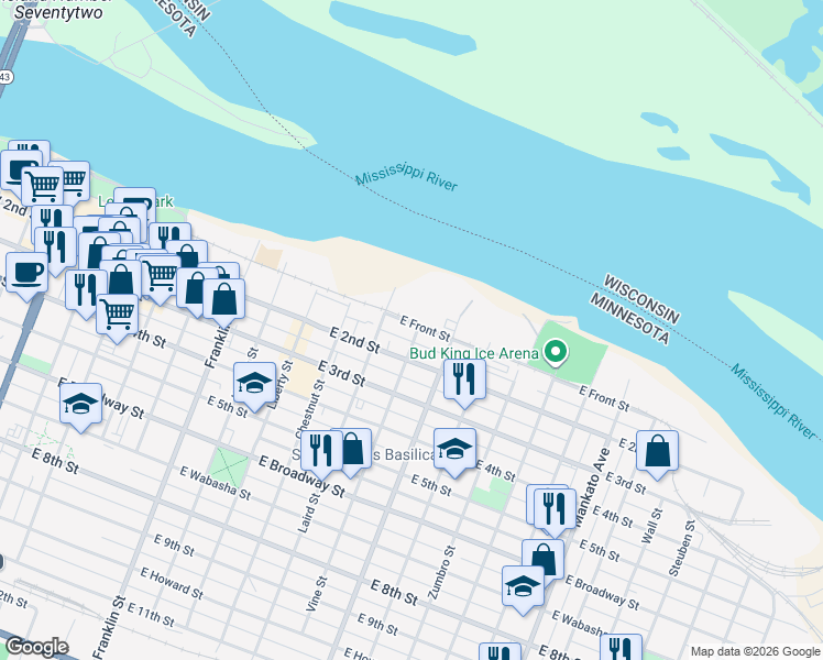 map of restaurants, bars, coffee shops, grocery stores, and more near 466 East 2nd Street in Winona