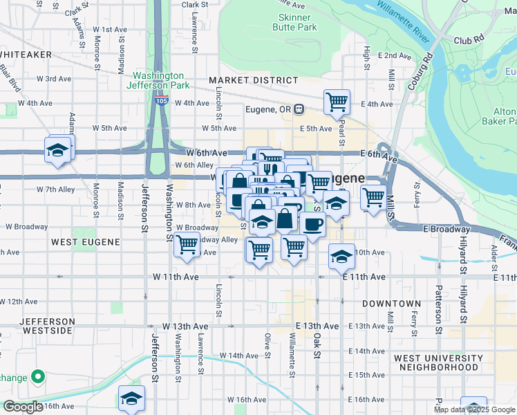 map of restaurants, bars, coffee shops, grocery stores, and more near 114 West Broadway in Eugene