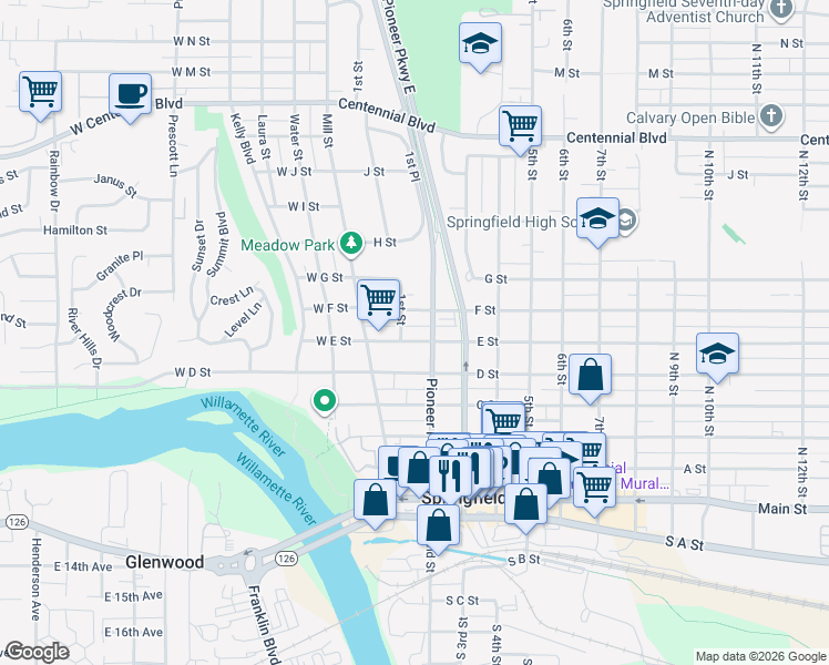 map of restaurants, bars, coffee shops, grocery stores, and more near 128 E Street in Springfield