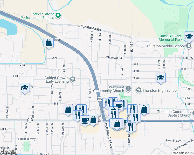 map of restaurants, bars, coffee shops, grocery stores, and more near 561 North 55th Street in Springfield
