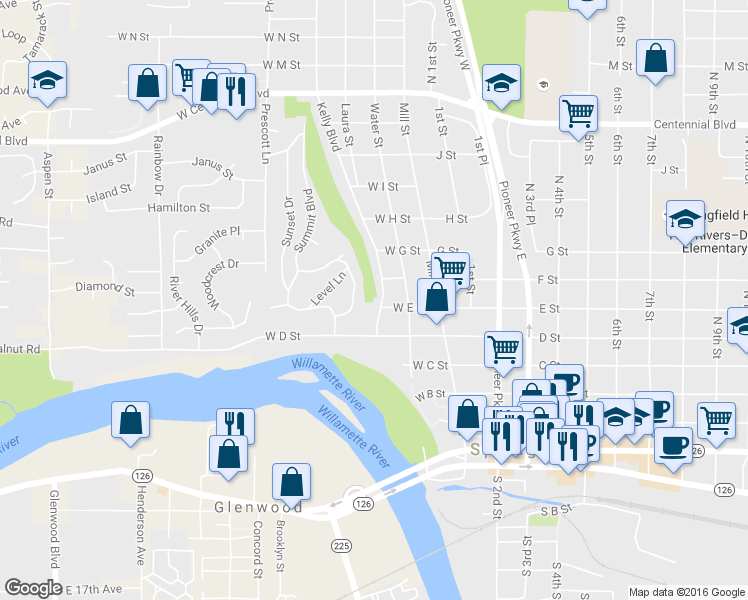 map of restaurants, bars, coffee shops, grocery stores, and more near 622 Kelly Boulevard in Springfield