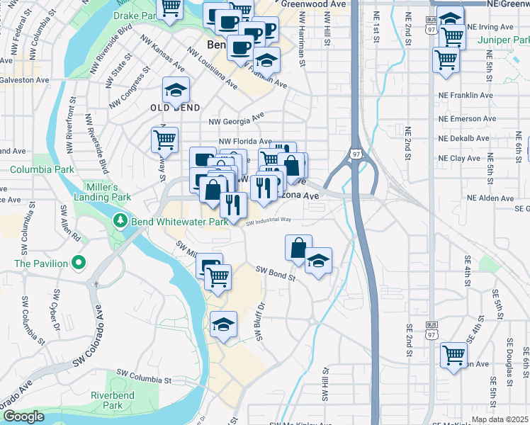 map of restaurants, bars, coffee shops, grocery stores, and more near 310 Southwest Industrial Way in Bend