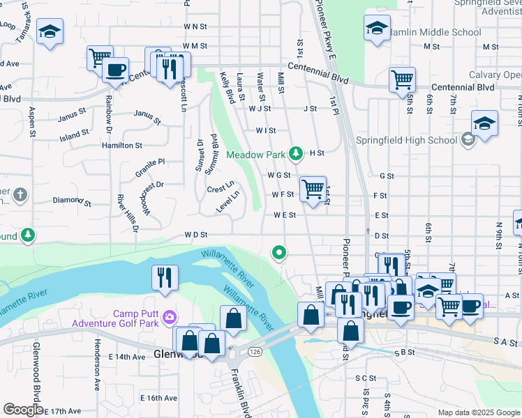 map of restaurants, bars, coffee shops, grocery stores, and more near 622 Kelly Boulevard in Springfield