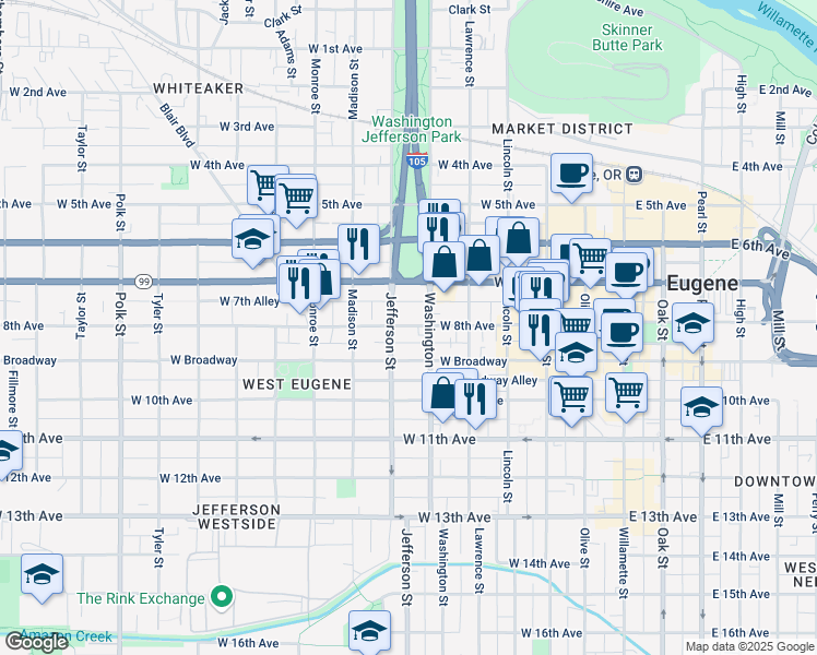 map of restaurants, bars, coffee shops, grocery stores, and more near 560 West 8th Avenue in Eugene