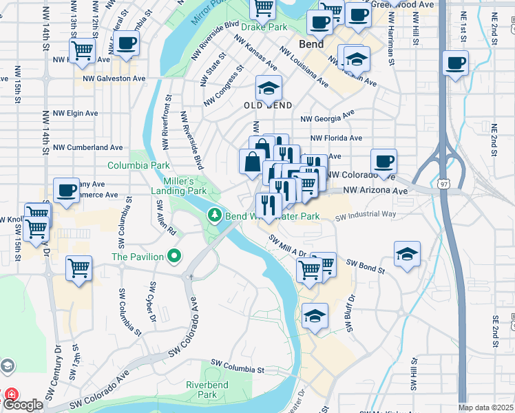map of restaurants, bars, coffee shops, grocery stores, and more near 55 Southwest Wall Street in Bend