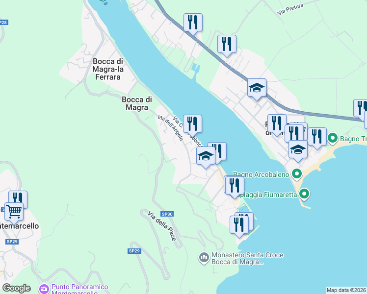 map of restaurants, bars, coffee shops, grocery stores, and more near 20 Via dell'Angelo in Bocca di Magra