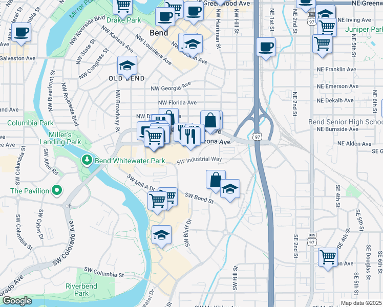 map of restaurants, bars, coffee shops, grocery stores, and more near 310 Southwest Industrial Way in Bend