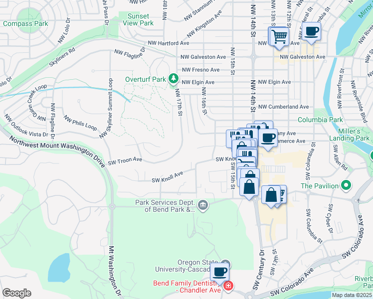 map of restaurants, bars, coffee shops, grocery stores, and more near 1753 Southwest Troon Avenue in Bend