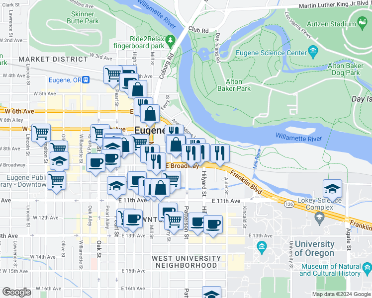 map of restaurants, bars, coffee shops, grocery stores, and more near 560 West 8th Avenue in Eugene