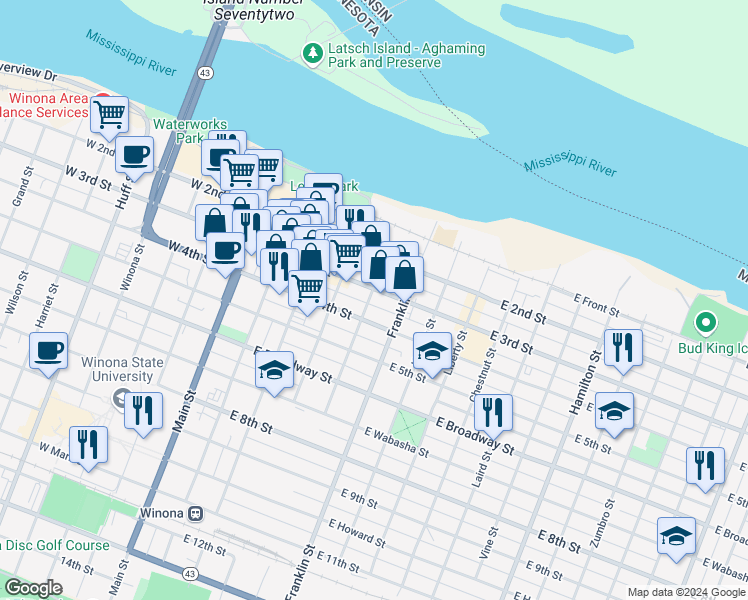 map of restaurants, bars, coffee shops, grocery stores, and more near 230 East 4th Street in Winona